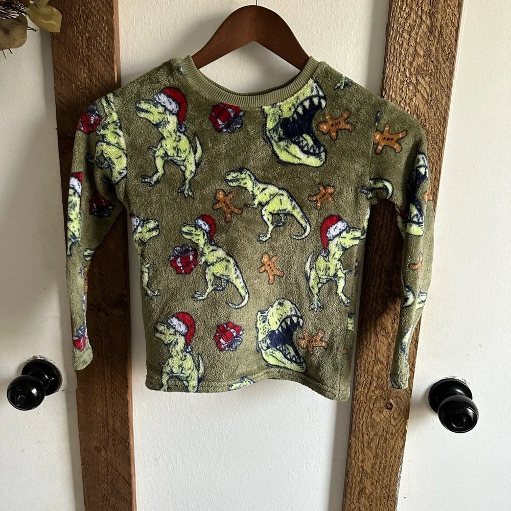 Cat & Jack Dinosaur Christmas Fleece Cozy Pullover EUC XS (4/5) So soft